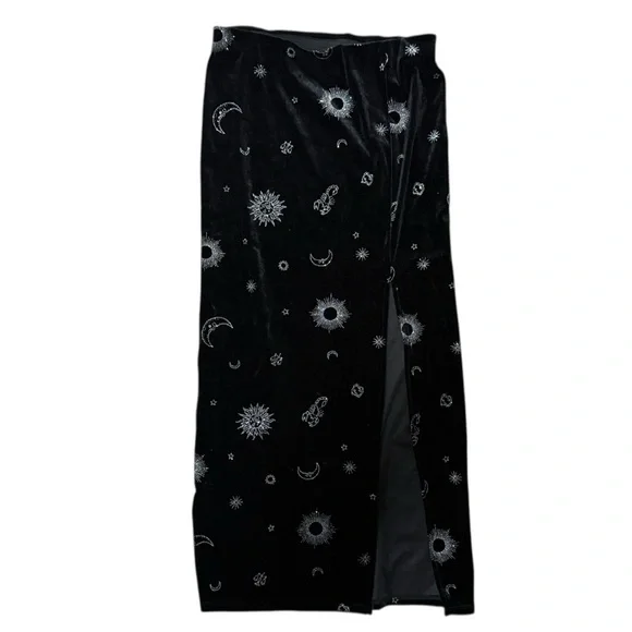 Witchy Celestial Velvet Midi Skirt Moon Sun Astrology Whimsical Slit Small Black - Picture 1 of 6